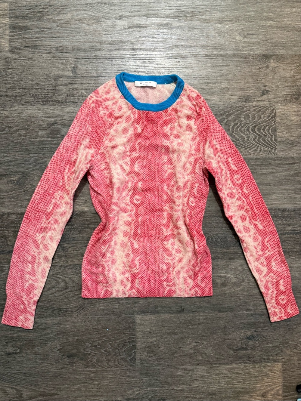 Pink 100% Cashmere Patterned Long Sleeve Sweater with Blue Trim